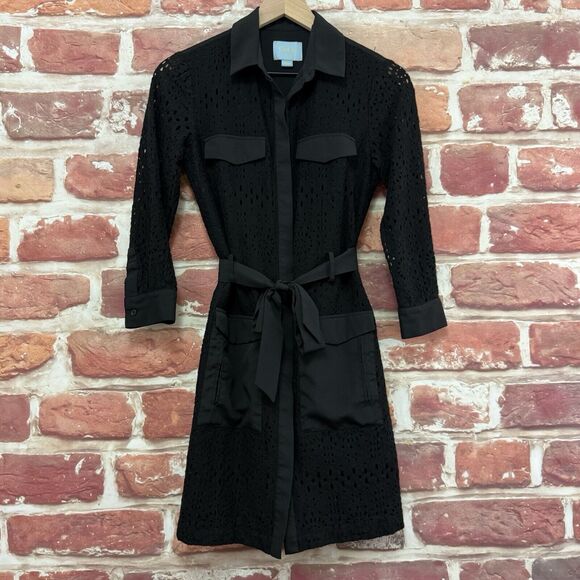 Cece Dress Women's Size 0 Black Embroidered Floral Lace Tie Waist Button Front - Picture 6 of 8